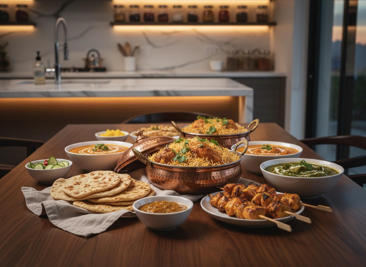 An elegant spread of halal family-style dishes arranged on a long, dark walnut dining table, showcasing fragrant biryani in a copper handi, glistening grilled chicken skewers, creamy curries in white porcelain bowls, and freshly baked flatbreads wrapped in a linen cloth. The table is set in a modern home kitchen with marble countertops and neatly organized spice jars in the softly blurred background. Warm, diffused evening light from under-cabinet LEDs and a nearby window creates gentle highlights on the food’s textures and a cozy, inviting atmosphere. Photographic realism, shot at eye level with a slightly shallow depth of field, emphasizing the abundance and quality of the homemade halal food while keeping the setting sophisticated and refined.